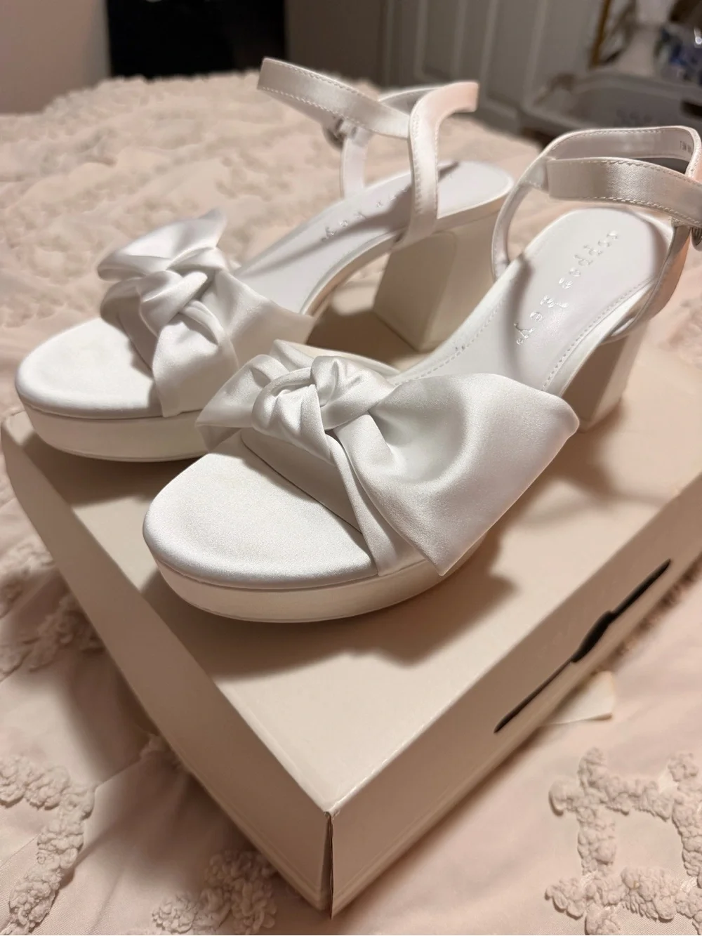 Copper Key White Knotted Platform Block Heel Sandals with Ankle Strap